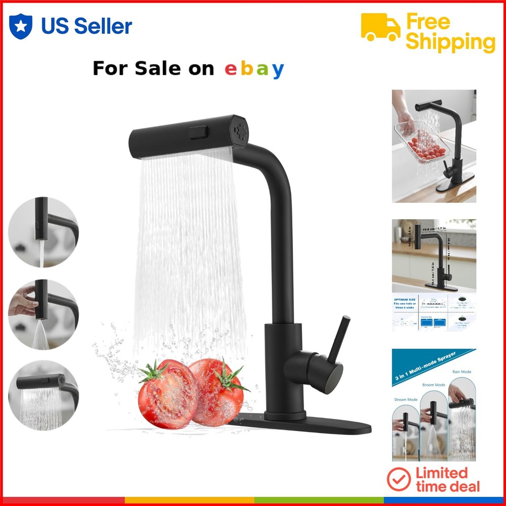 Black Stainless Steel Waterfall Kitchen Faucet with Pull Down Sprayer