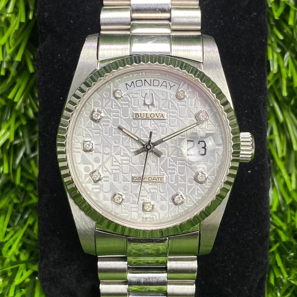 RARE BULOVA PRESIDENT COMPUTER DIAL DAY DATE AUTOMATIC Silver DIamond Watch Men