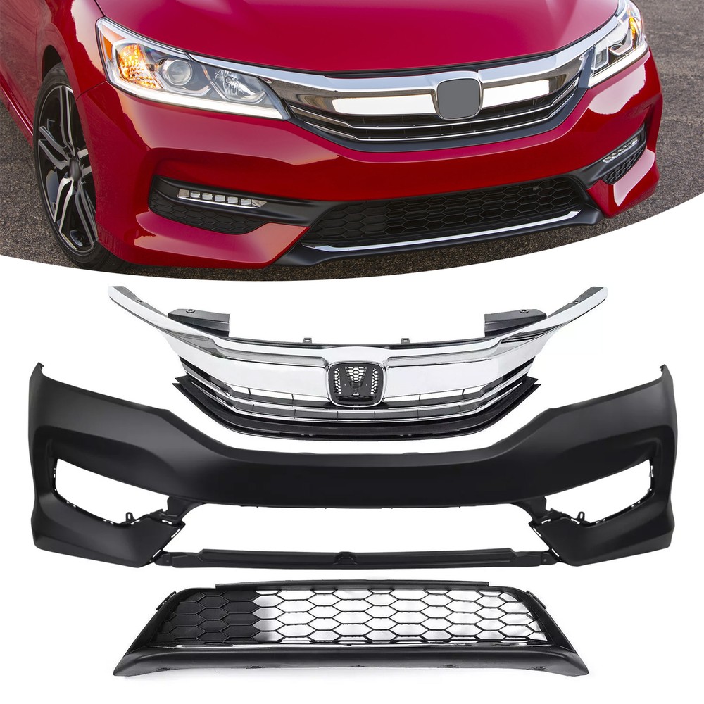 Front Bumper Cover Upper Lower Grille Grill For 2016 2017 Honda Accord Sedan