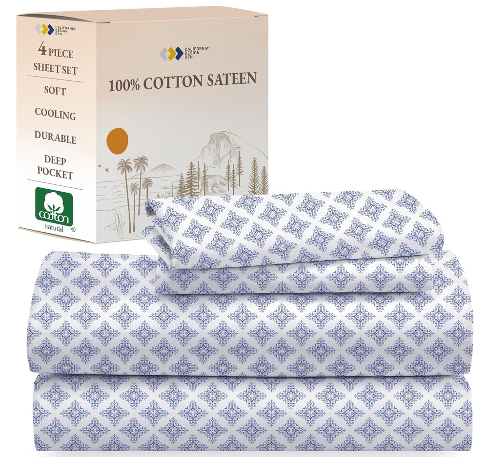 Queen Bed Sheet Set, 100% Cotton Sateen Printed Pattern, Deep Pocket Queen Sh...