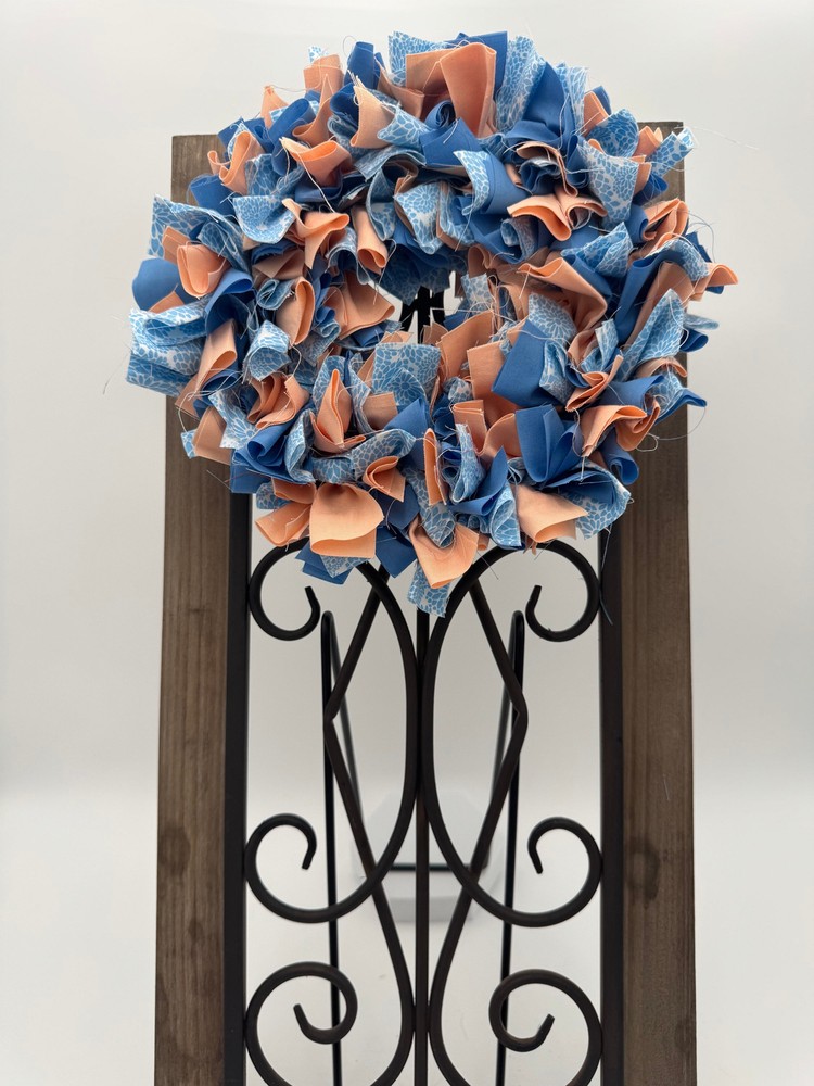 Summer Peach and Blue 8 Inch Fabric Tie Wreath for Seasonal Decor