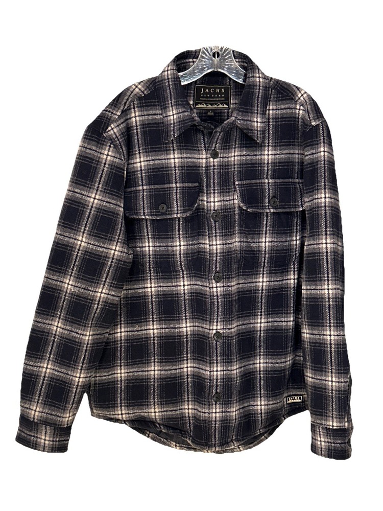 JACHS New York Men’s Large Flannel Blue Plaid Quilted Shacket Polyester Wool