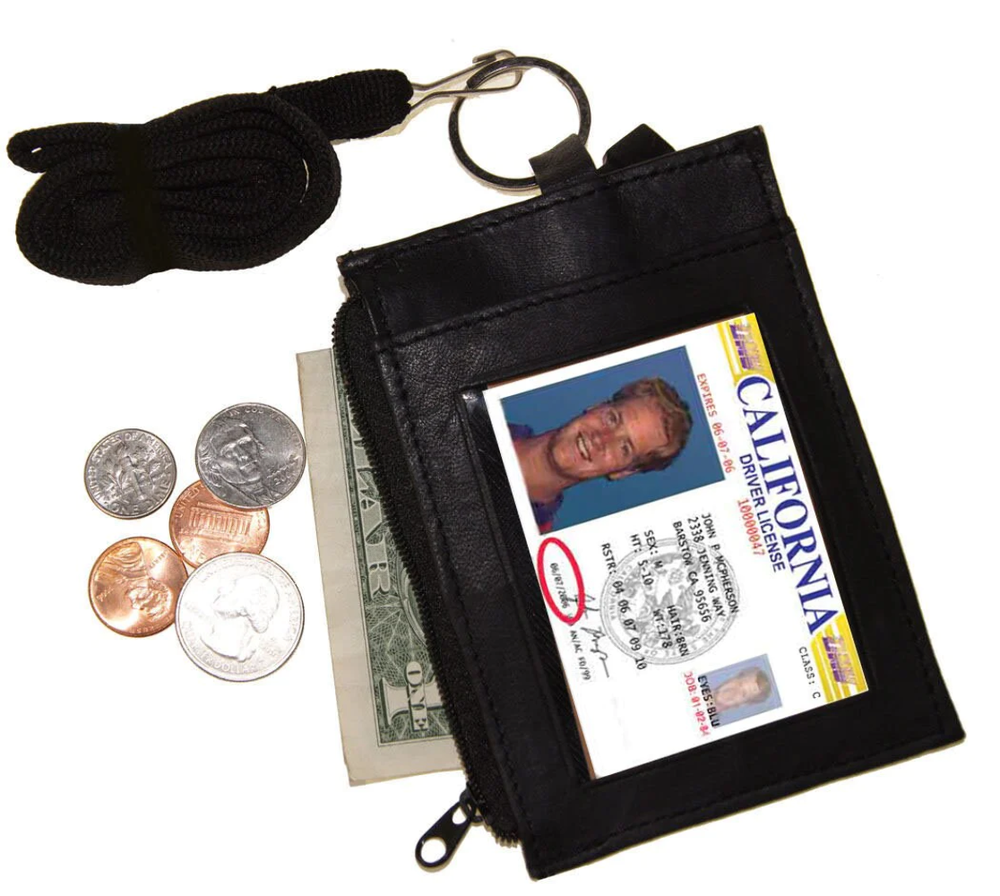 Black Genuine Leather ID Badge Lanyard with Zip Wallet for Keys & Coins