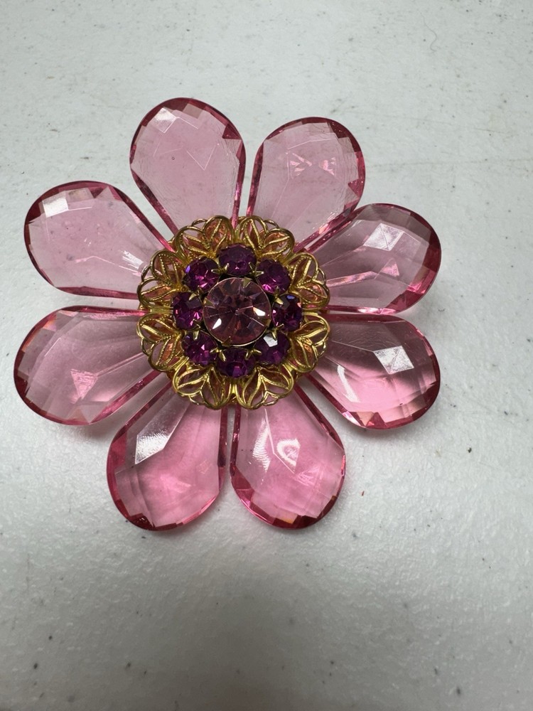 Vtg Pink Lucite Rhinestone Flower Brooch