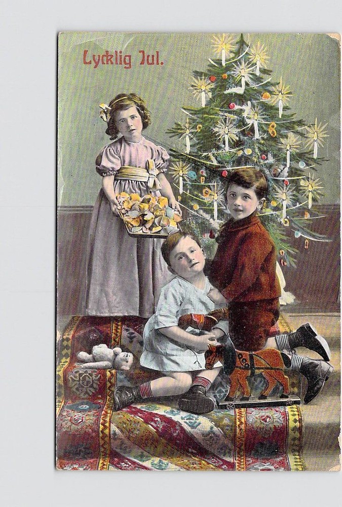 Holiday Postcard RPPC New Year Hand-Colored Real Photo Children Snow Clock