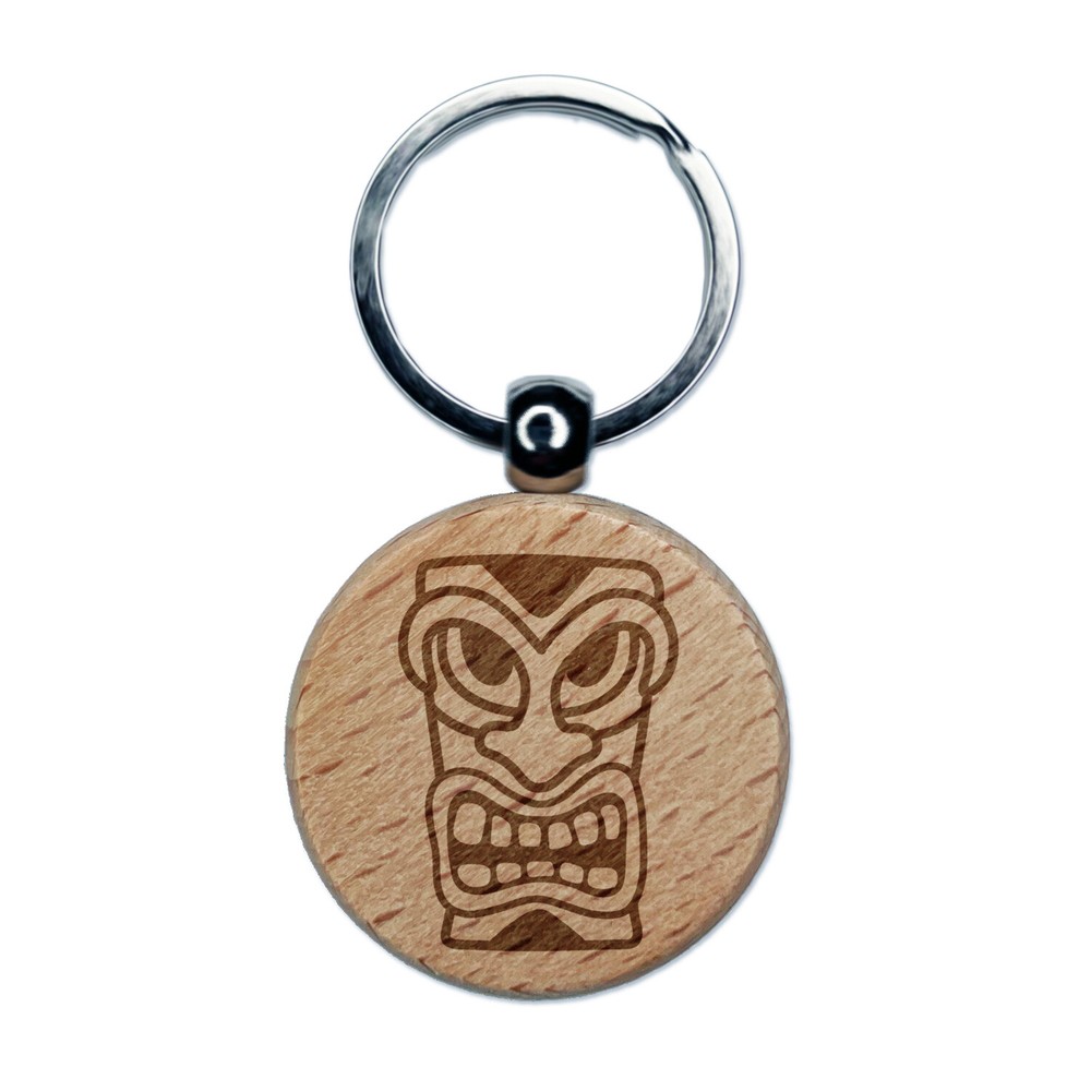 Hawaiian Tiki Head Engraved Wood Round Keychain Tag Charm