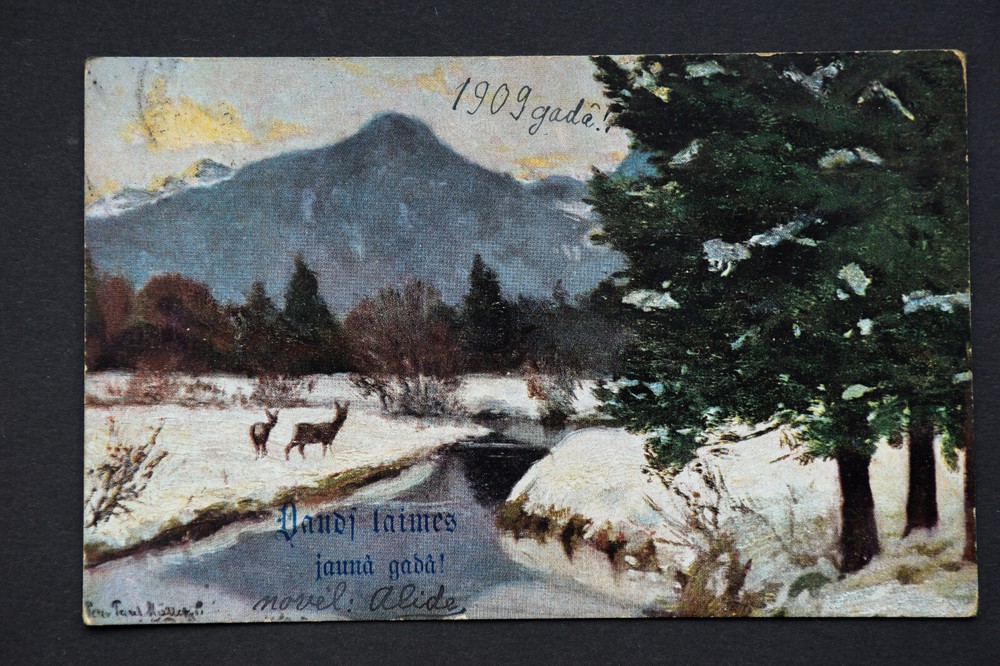 1908 Latvia Nature Landscape Painting New Year Postcard Signed Vintage Art-image