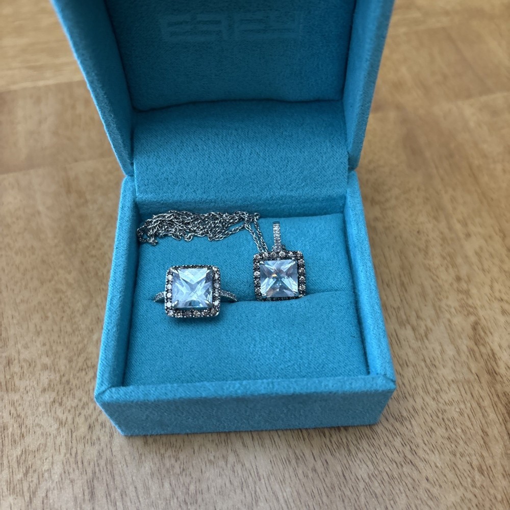 14k white gold Aquamarine Halo Cushion Cut, Diamonds Beautiful-Necklace&Ring Set