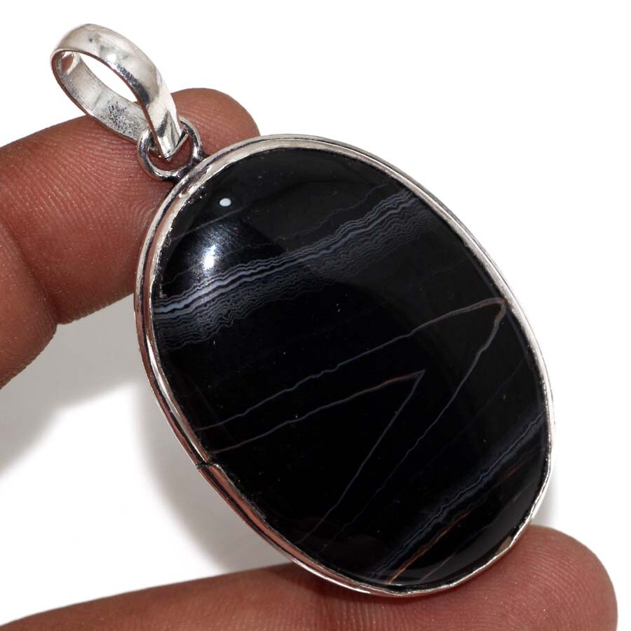 Banded Black Onyx 925 Silver Plated Handmade Pendant 2.3