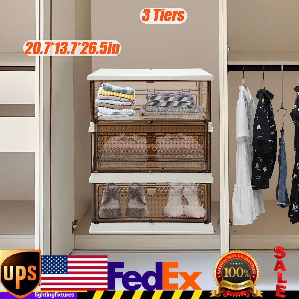 3 Tier - Collapsible Storage Cabinet - Foldable Storage Bins with Doors