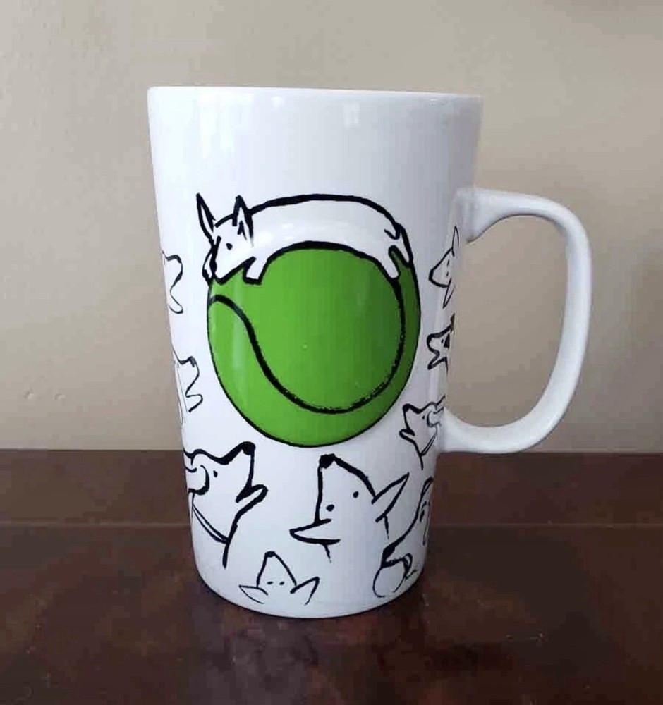2015 Starbucks Ceramic Mug 16 Oz with Doodle Dogs Playing Fetch Green Tennis Ball Design