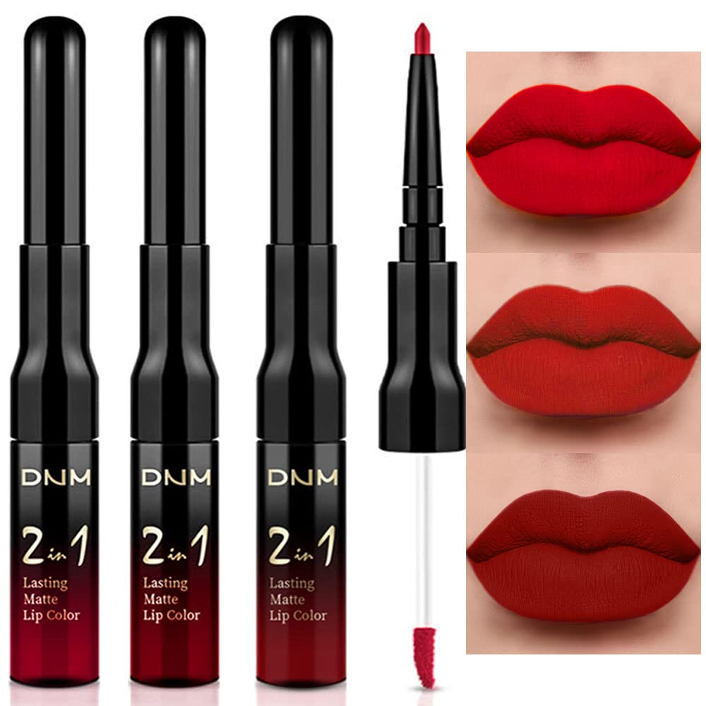 3Pcs Ruby Red Matte Lip Stain Set with Lip Liner & Liquid Lipstick