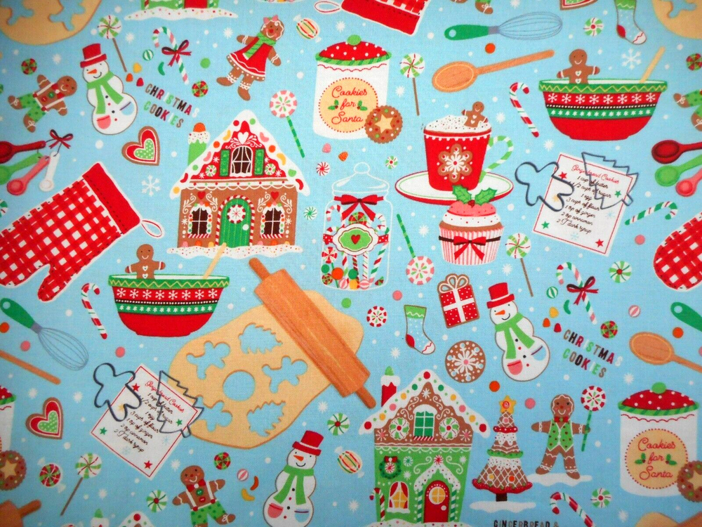 Quilt Fabric By Half-Yard Baking Christmas Cookies on Lt Blue Premium Cotton #53