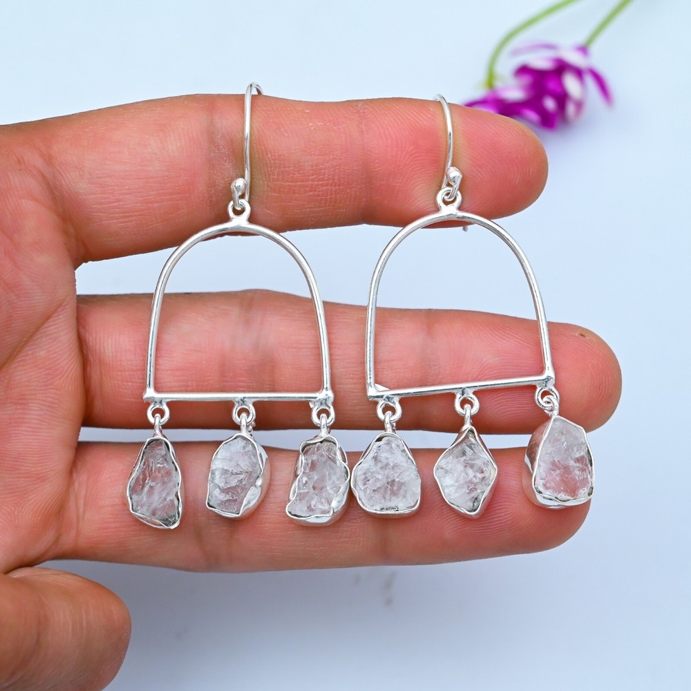 Raw Crystal Quartz 925 Sterling Silver Handmade Earrings Jewelry Gift