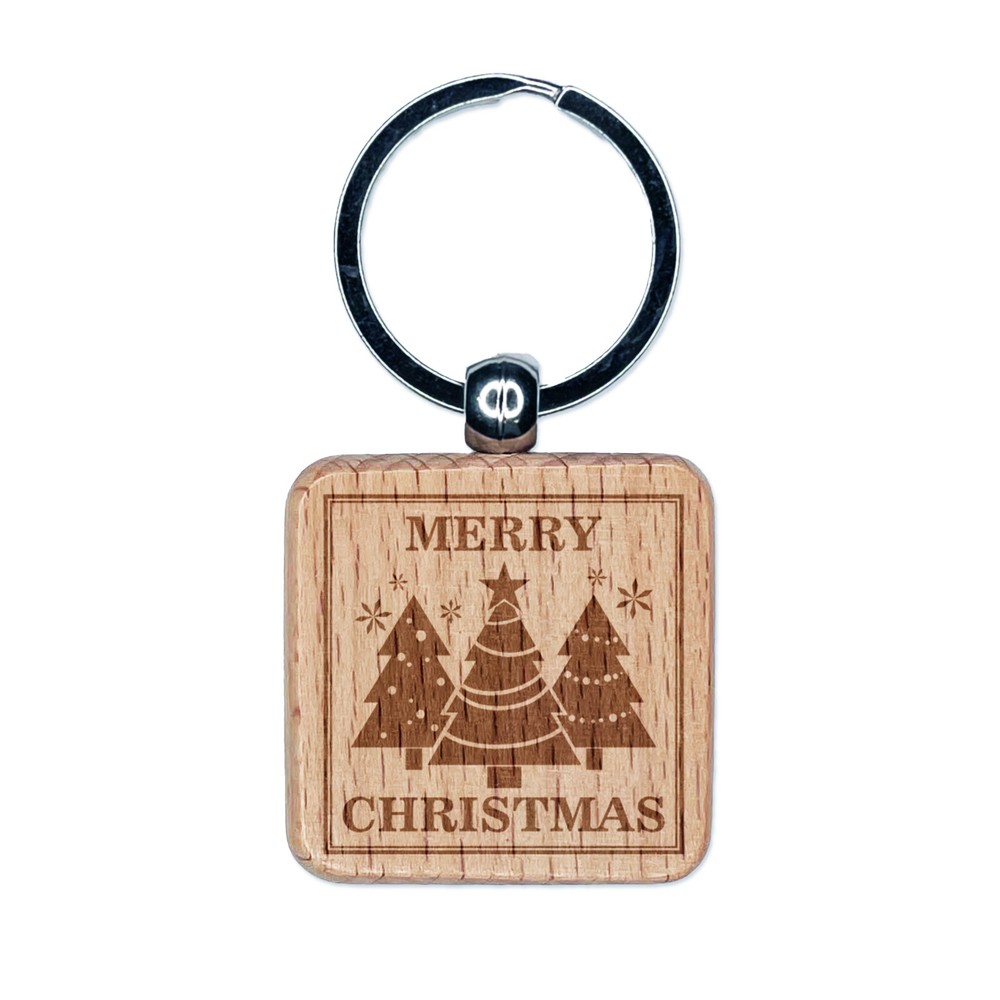 Merry Christmas Holiday Evergreen Trees Engraved Wood Square Keychain Tag Charm