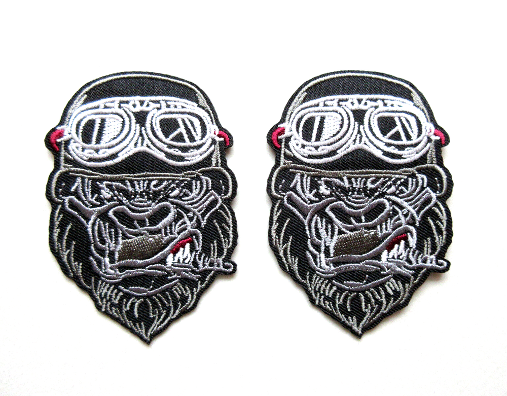 Motorcycle Helmet Gorilla Iron-On Patch with Goggles & Vest Jacket Design