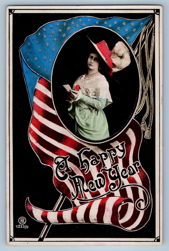 c1910's New Year Pretty Woman Big Hat Feather Patriotic Flag RPPC Photo Postcard-image
