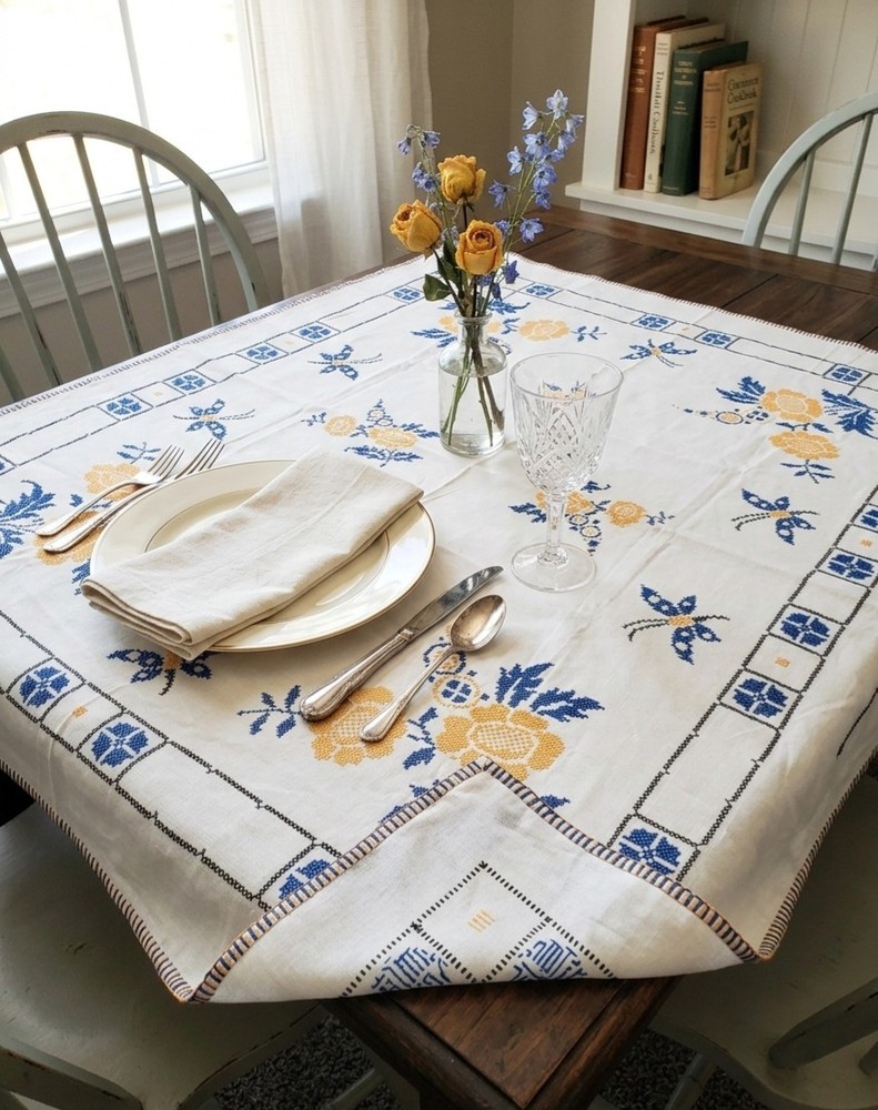 Vtg Swedish Style Hand Embroidered Linen Tablecloth 48x60 Yellow Rose Butterfly