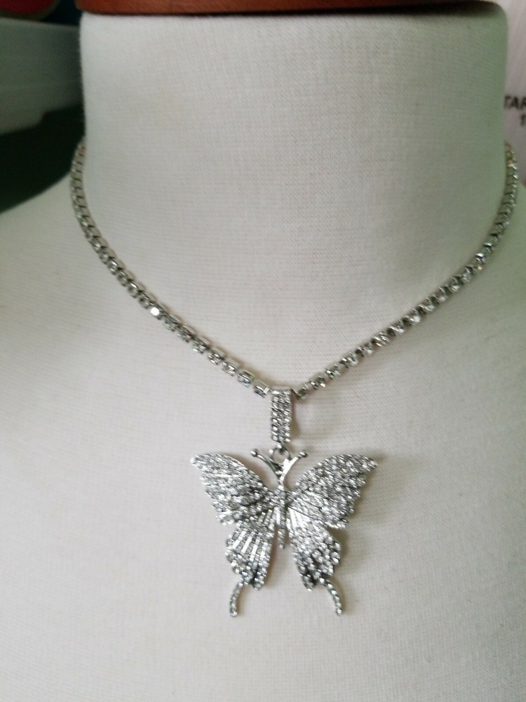 Silver Crystal Butterfly Tennis Necklace for Women with Crystal Tennis Chain