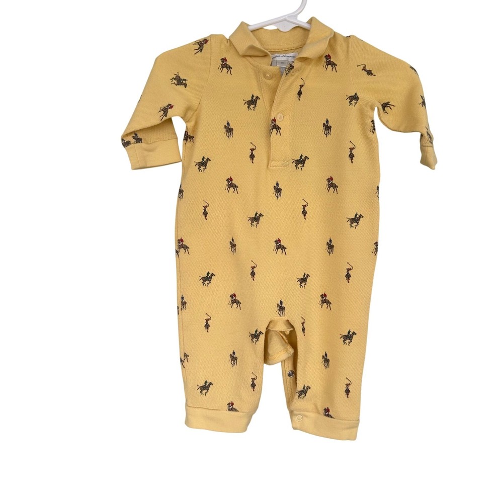 Ralph Lauren Romper Baby Boy 6M Yellow All Over Pony Polo Long Sleeve One Piece
