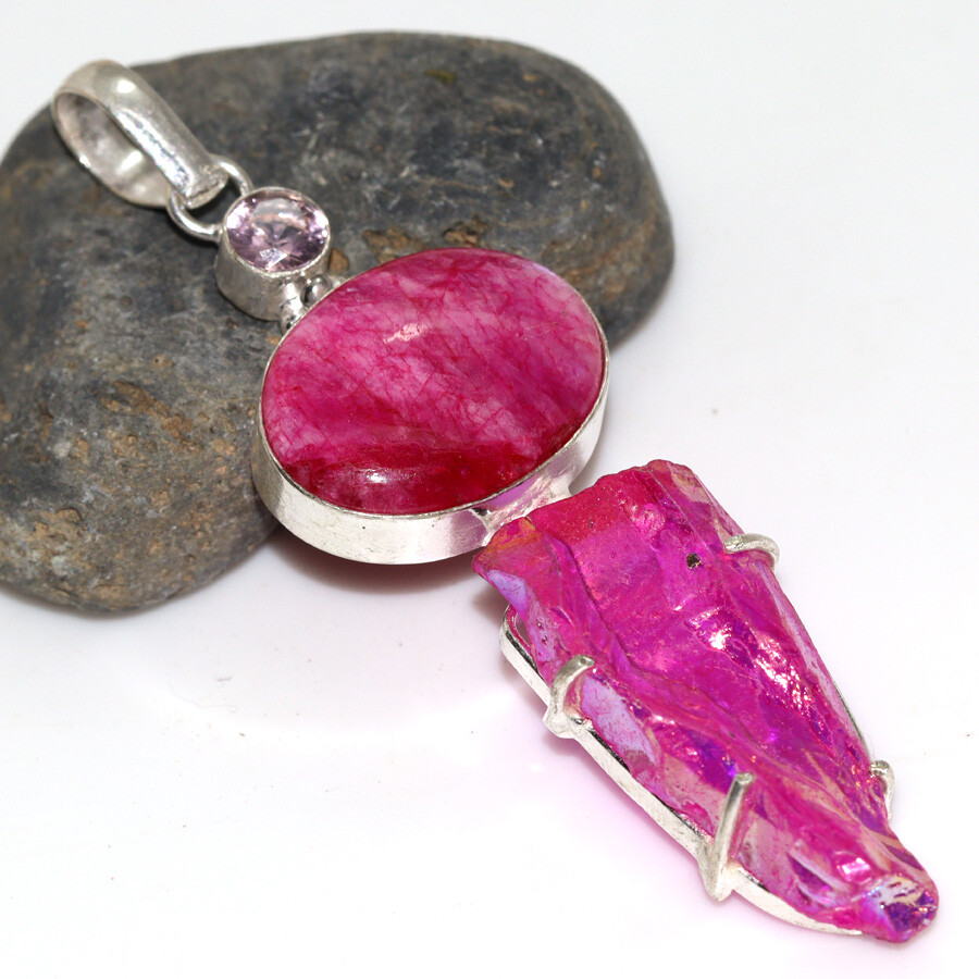 Pink Titanium Aura Quartz Pink Moonstone Long Pendant Jewelry Size 3.2