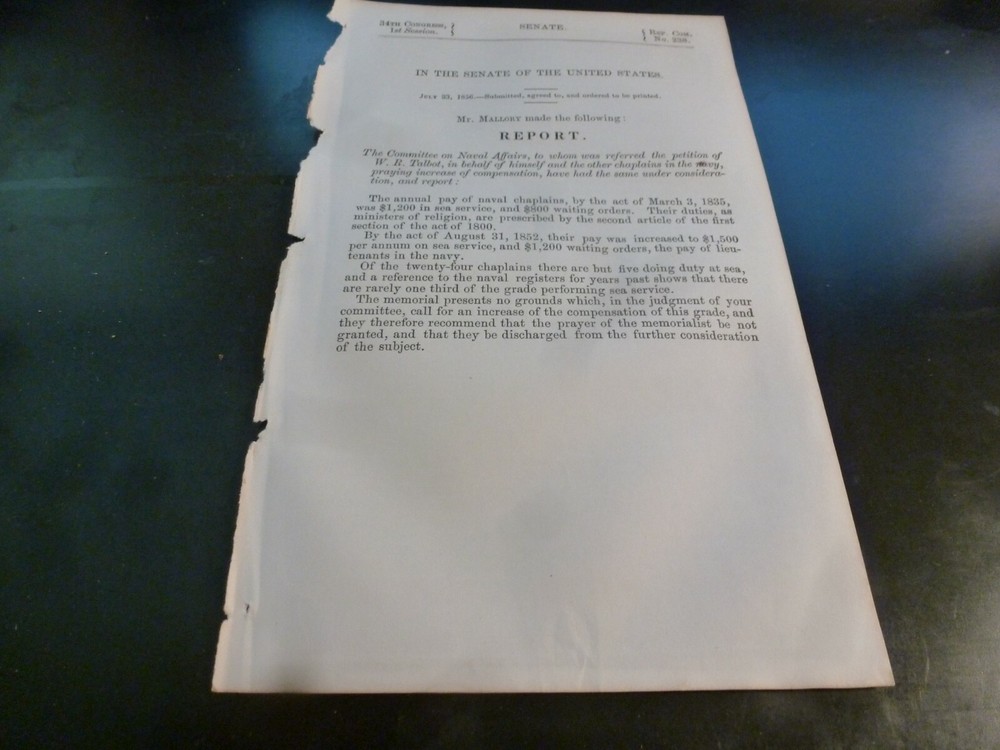 Government Report 1856 Petition W.R Talbot Increase Compensation Chaplains Navy