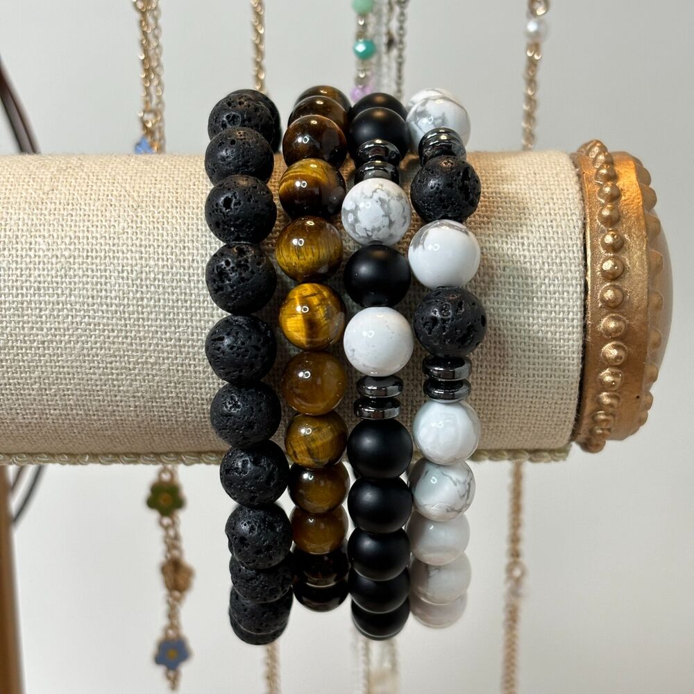 Protective Bracelets Set of 4 - Genuine Obsidian, Howlite, Lava Rock, Tiger Eye