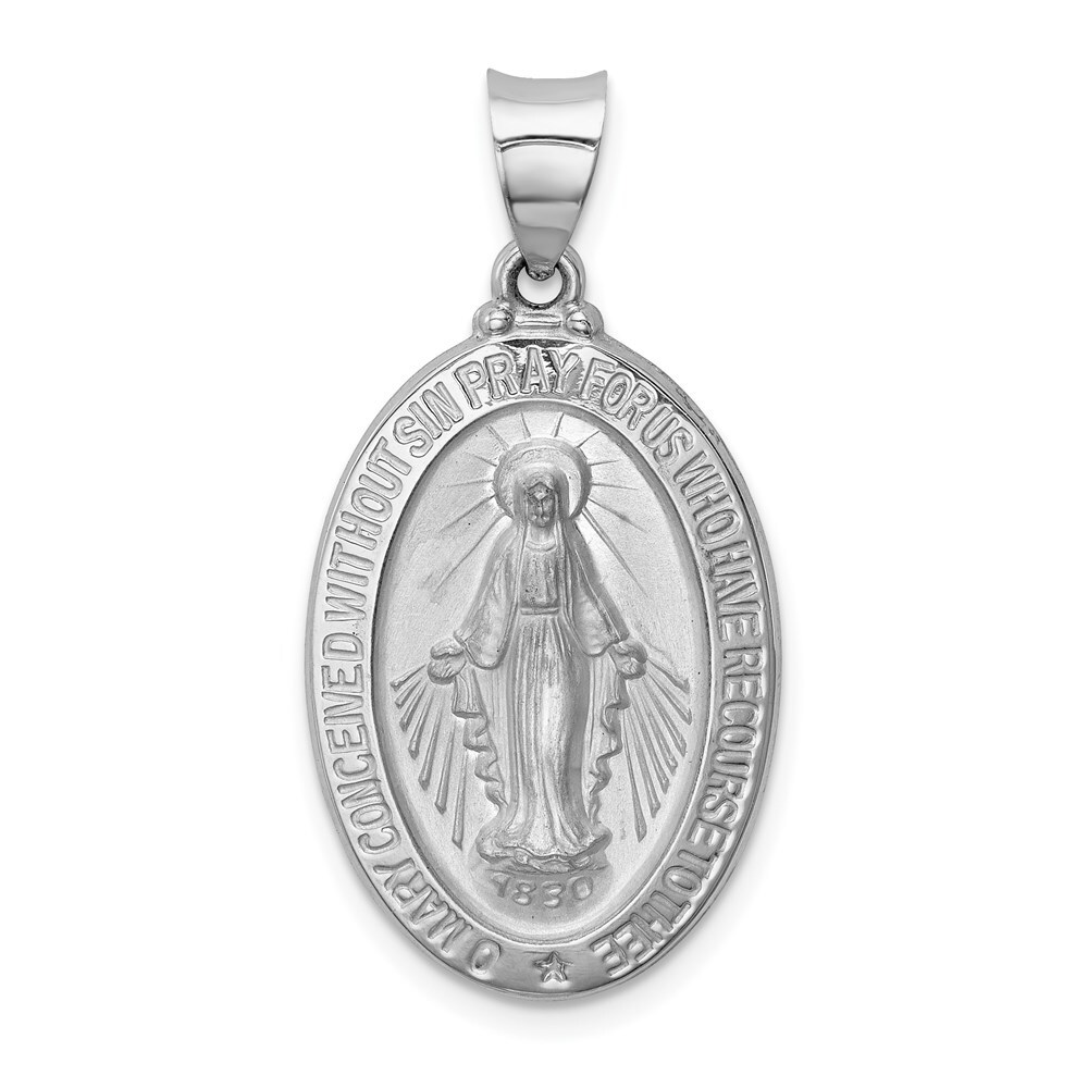 14k White Gold Polished Satin Miraculous Medal Hollow Pendant L-1.21 Inch 1.36gm