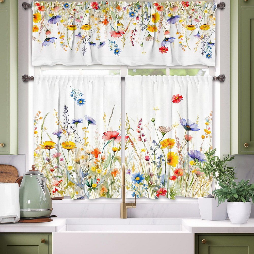 3 Piece Spring Kitchen Curtains and valances Set, Random 2 Styles Summer Flor...