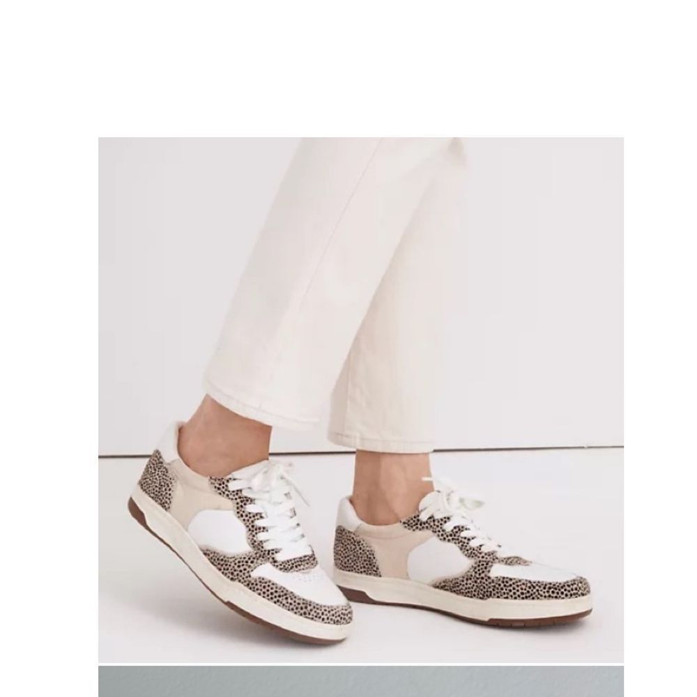 Madewell Animal Print Retro Leather Sneakers White Beige Court Shoes Womens 6.5