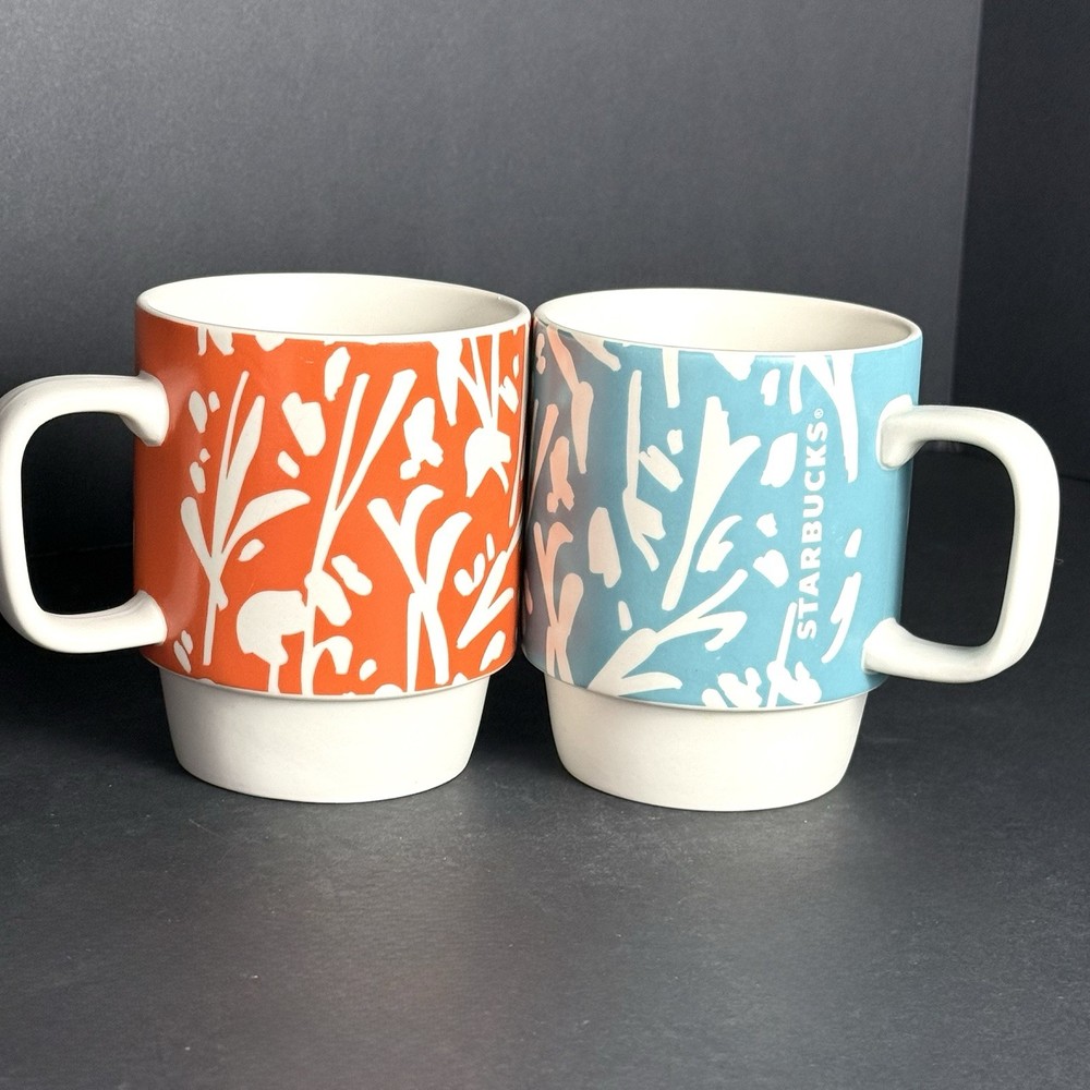 STARBUCKS Floral Mugs Orange & White/blue & White 2016 12 oz Coffee Tea Cup