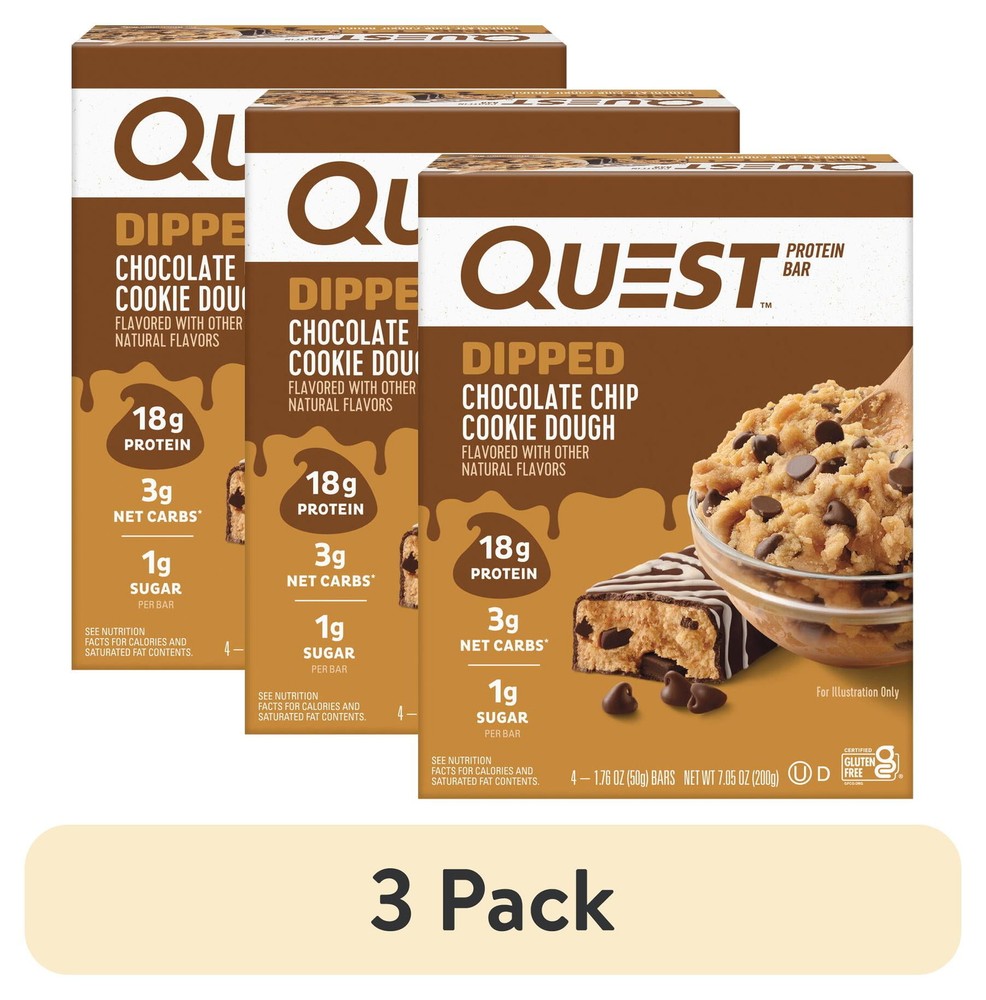 (3 Pack) Quest Dipped Protein Bars Low Sugar Protein Chocolate Chip Cookie Dough