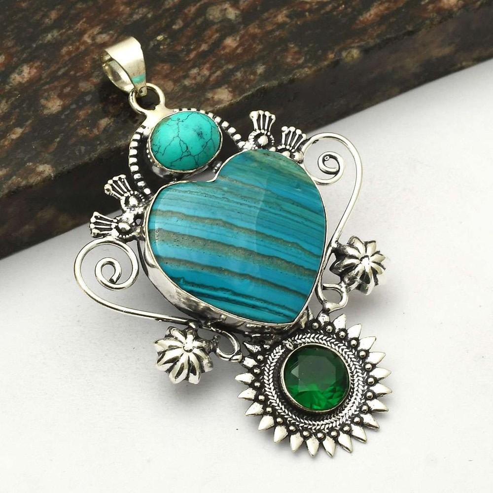 Dendrite Opal Turquoise Gemstone Handmade Heart Pendant Jewelry 3.2