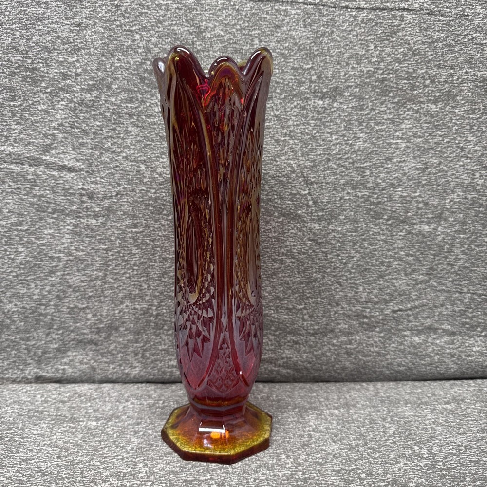 Indiana Heirloom Amberina Sunset Red Iridescent Carnival Glass Swung Vase