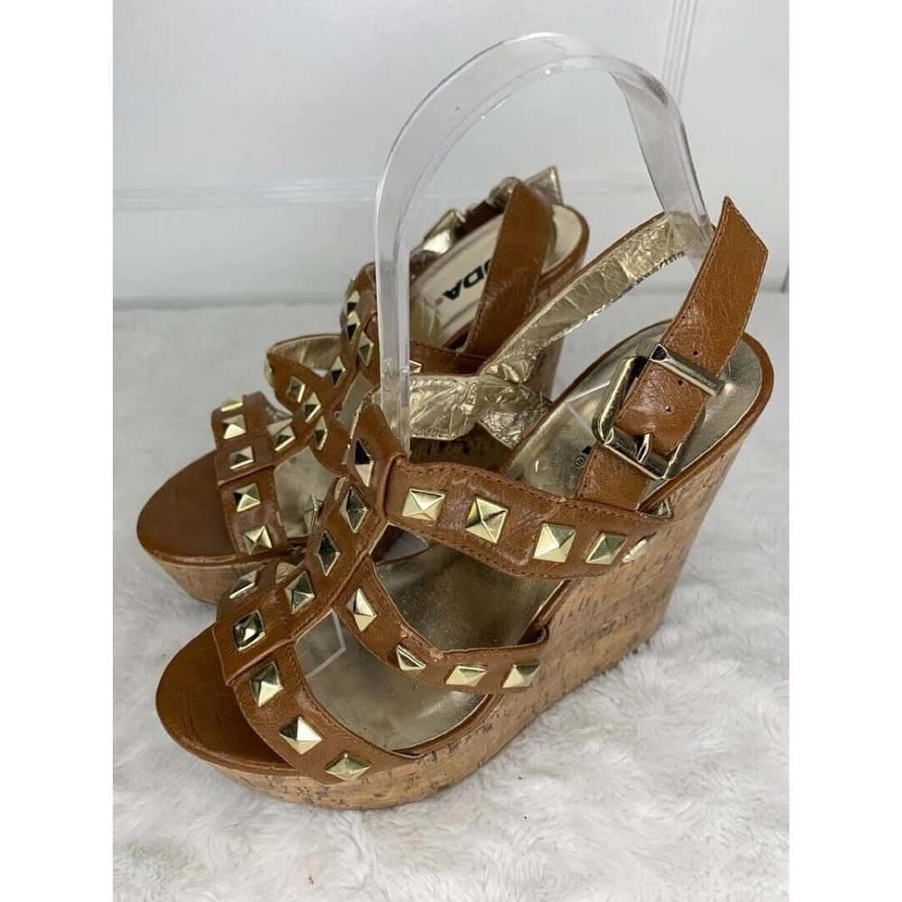 Women's Brown Studded Cork Wedge Sandals Size 7.5