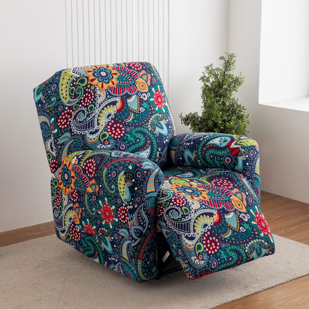 Printed stretch recliner cover, side pockets, home decor protection, stylish