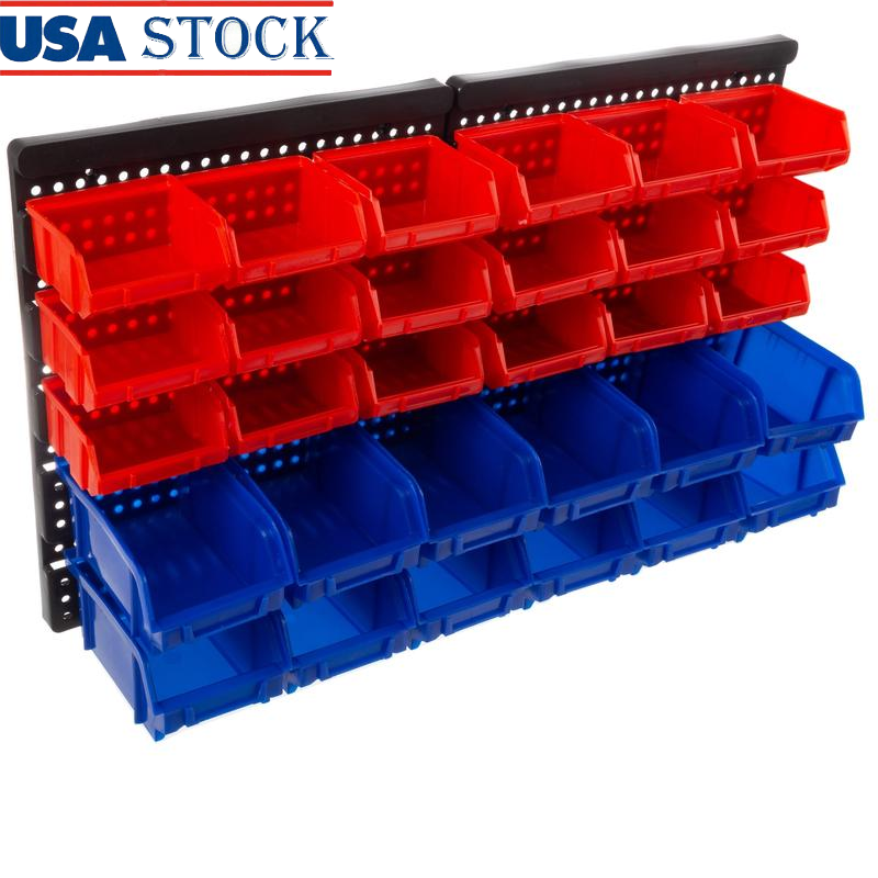 Wall-mounted 30-bin garage organizer for tools hardware and crafts storage  