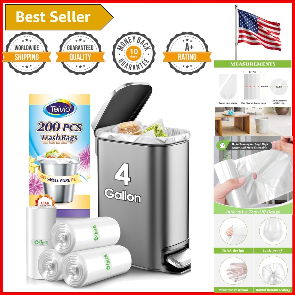 200 Unscented 4-Gallon Trash Bags for Kitchen & Bathroom - Heavy Duty Liners