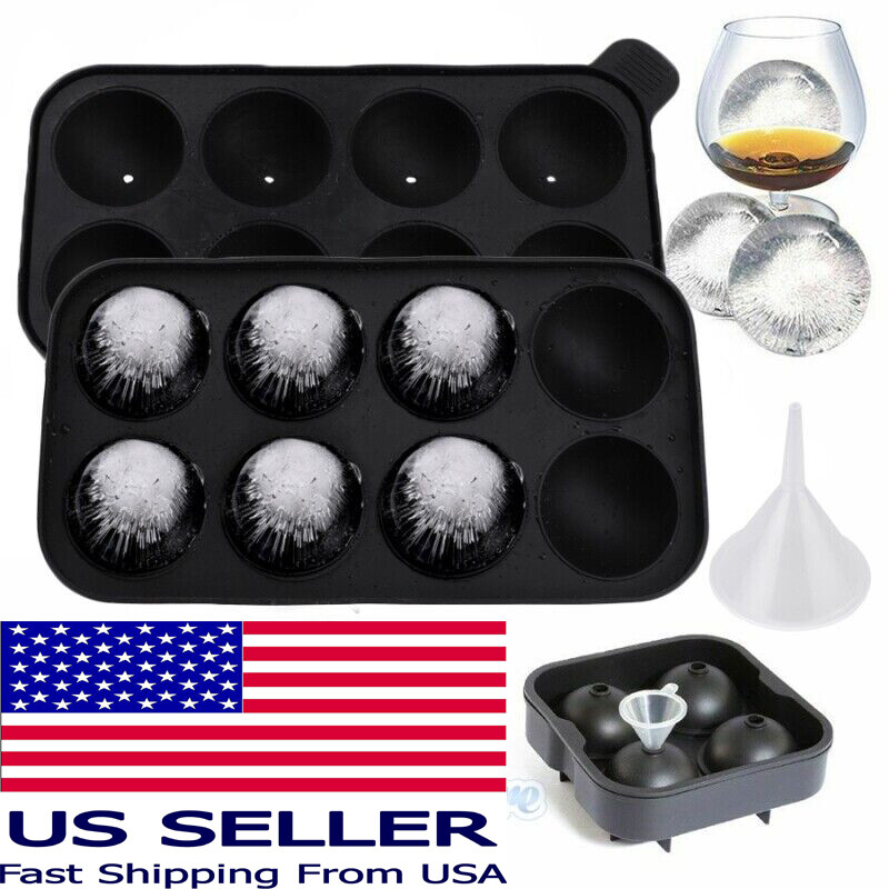Round Ice Cube Ball Maker Tray Silicone Sphere Mold Bar Whiskey Cocktails Funnel
