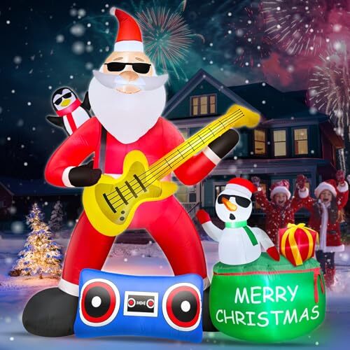 8 Ft by 7.8 Ft Giant Christmas Inflatables Santa Palying Guitar Outdoor