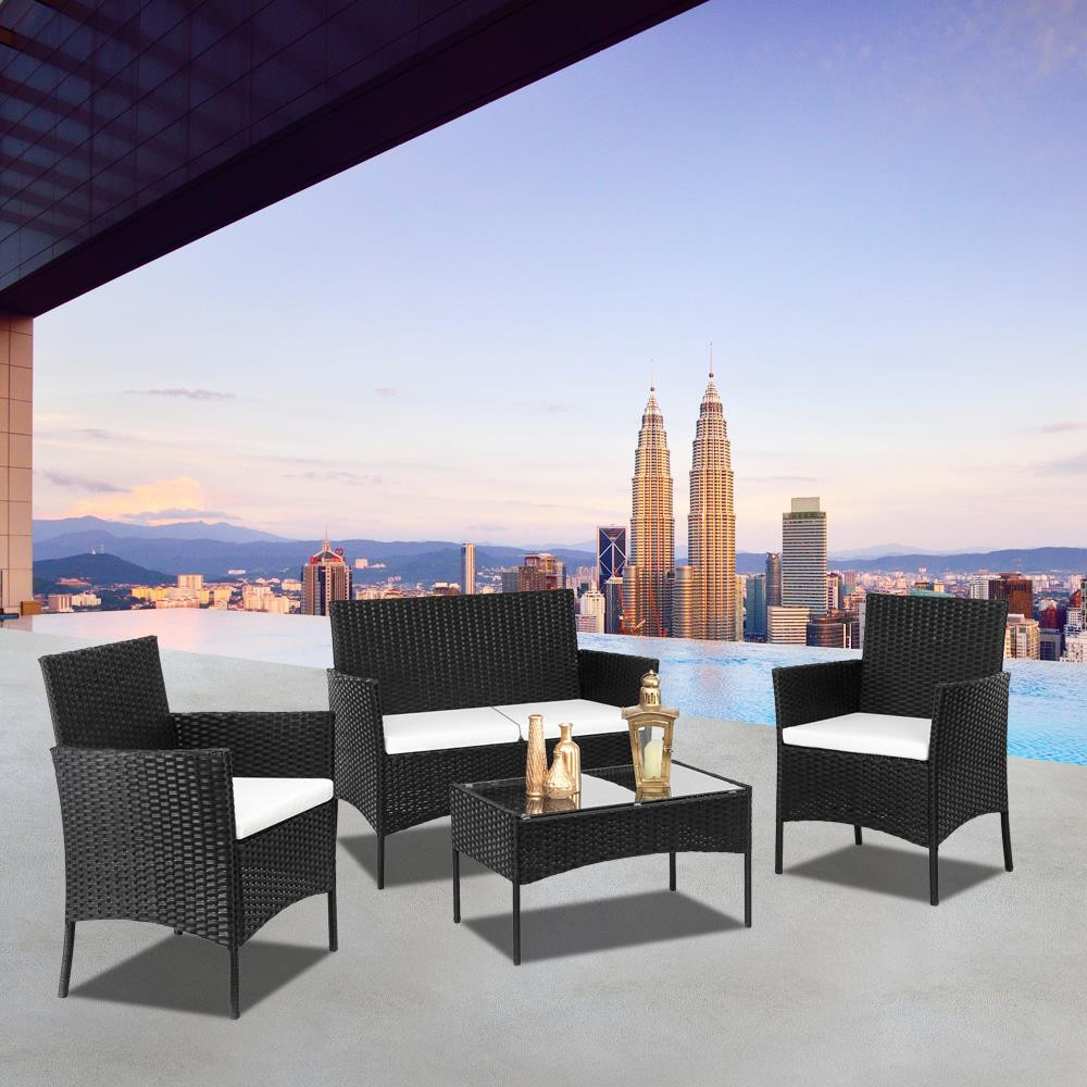 4PCS Outdoor Patio Furniture Set Wicker Conversation Sofa Set w/ Glass Table