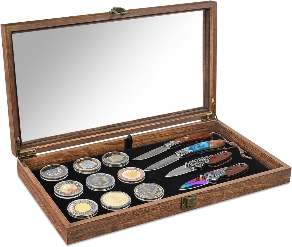 Handcrafted Wooden Jewelry Box with Tempered Glass Lid and Black Velvet Lining