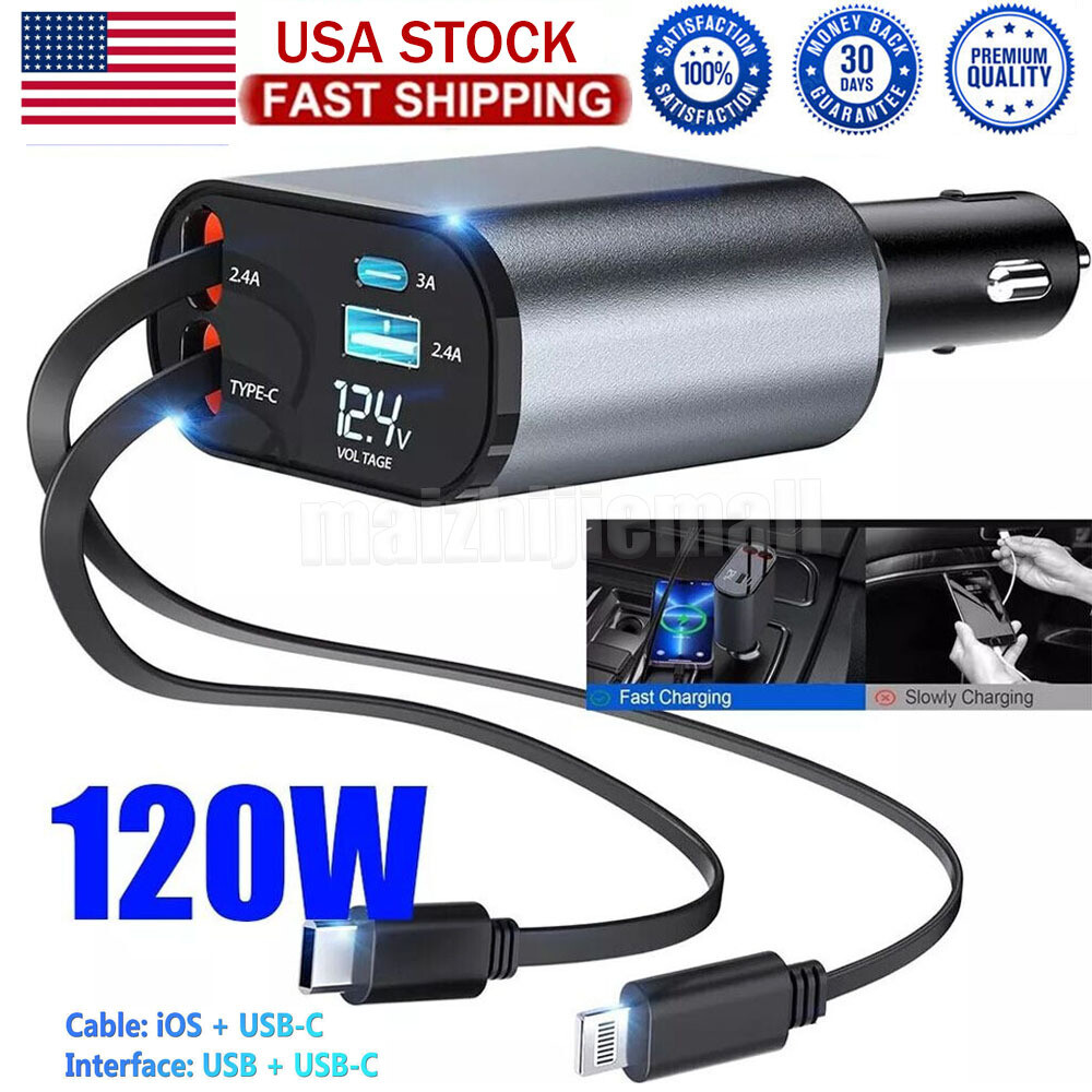 120W 4-in-1 Retractable Fast Car Charger with USB-C Cable