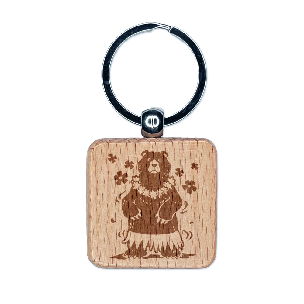 Hawaiian Luau Bear Keychain with Hula Skirt and Lei Wood Engraved