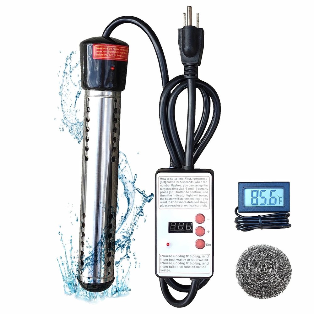 1500W Electric Immersion Water Heater for Bucket, Bathtub Heater with Timed Auto