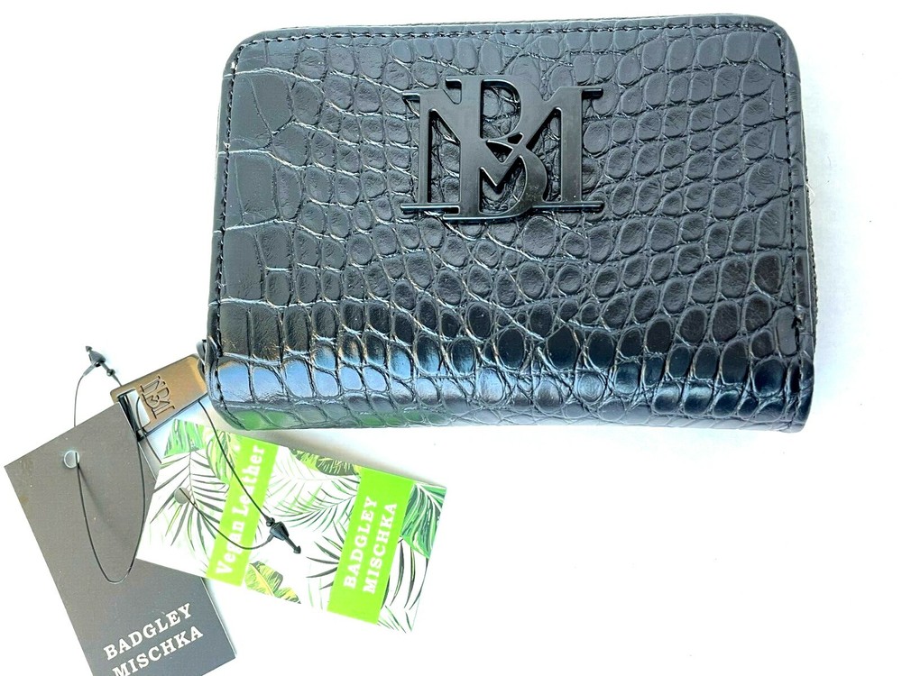 BADGLEY MISCHKA Vegan Leather Croco Short Wallet in Black NWT $59
