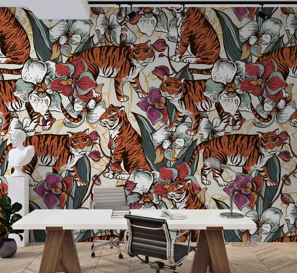 3D Tiger Flower Watercolor Pattern Wall Murals Wallpaper Murals Wall Sticker