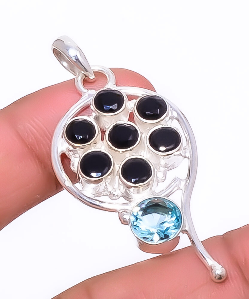 Black Onyx & Tanzanite Quartz Gemstone 925 Sterling Silver Pendant 1.95