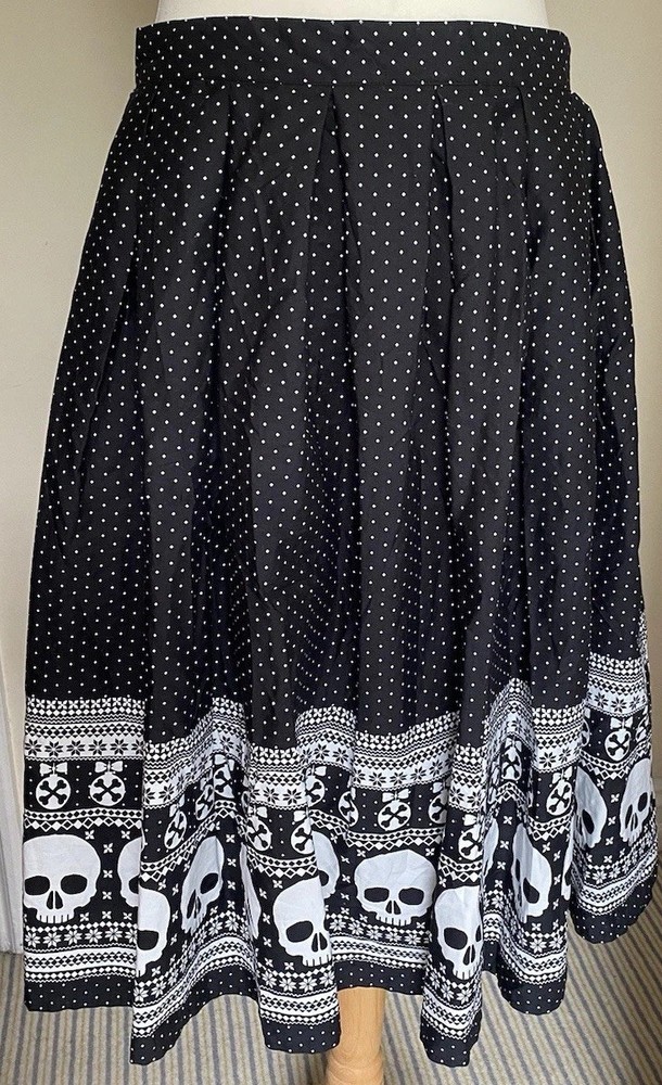 Hell Bunny Skirt Skull Goth Rockabilly rockabilly Pin Up Black White Polka Dot L