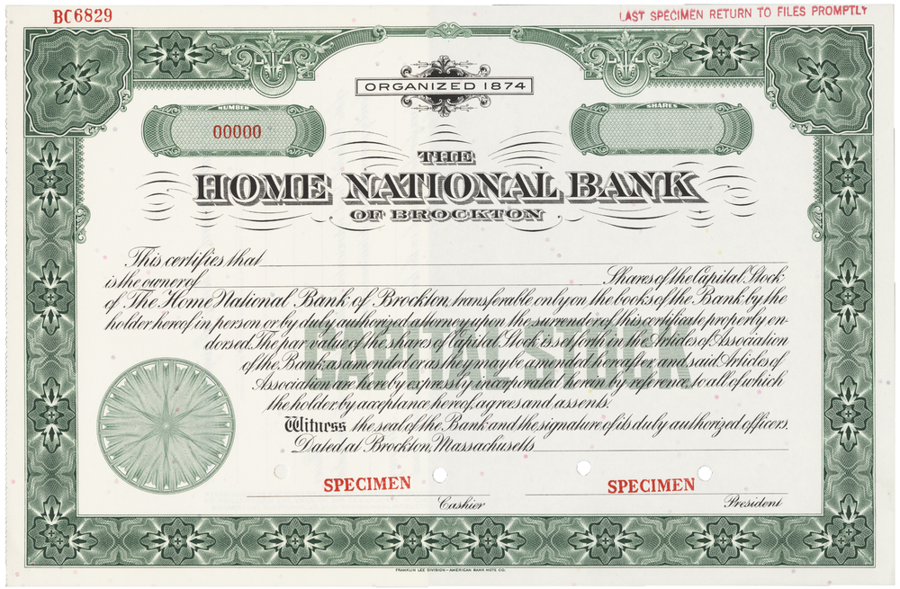 Vintage Home National Bank of Brockton Stock Certificate